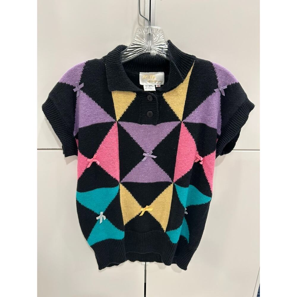 Vintage Lilly of California Sweater Vest S Black Geometric Bows Ramie Cotton 90s